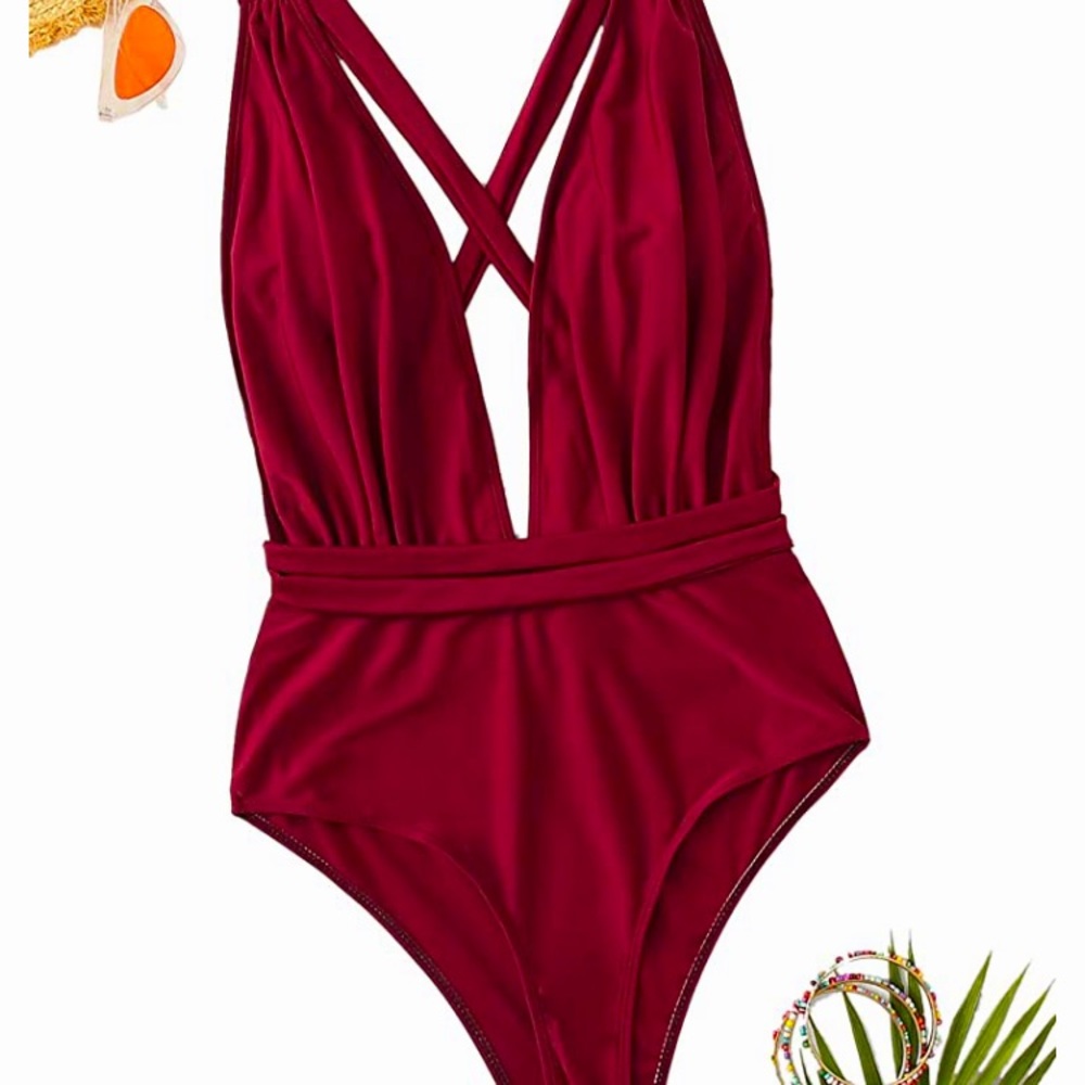 NEW Sexy Red DESIGNER BOUTIQUE Deep plunge one piece swimsuit ♥️